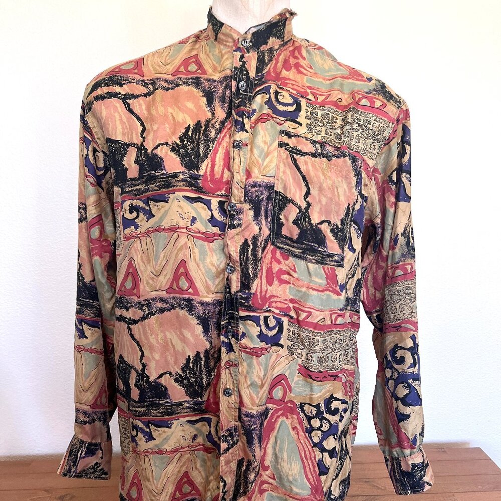 90s Silk Abstract Nehru Shirt - Long Sleeve - Mens - Size Large - Hamid Fashions